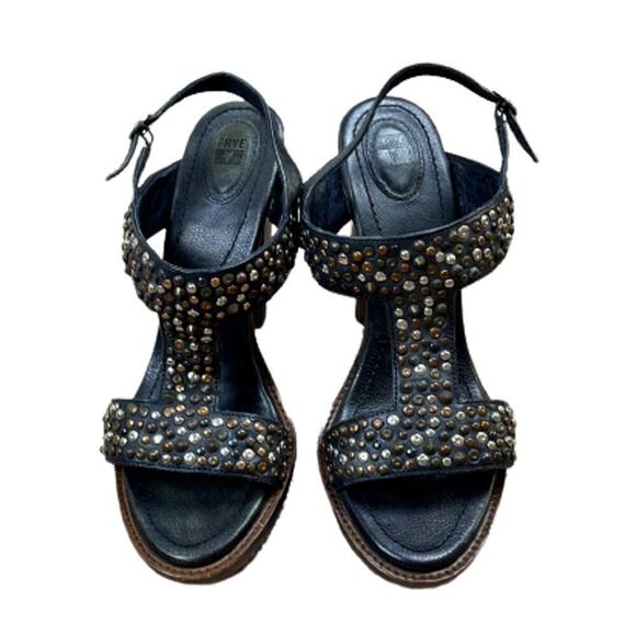 Frye "Joy" Black‎ Slingback Studded Leather T-Strap Stacked Heel Pumps Size 10B - Picture 4 of 10